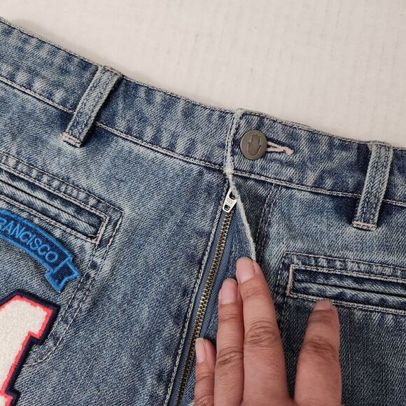 Manoush Denim Shorts Womens 8 Blue Cut-off Patchwork High-Rise Venice Beach Boho - Picture 6 of 12